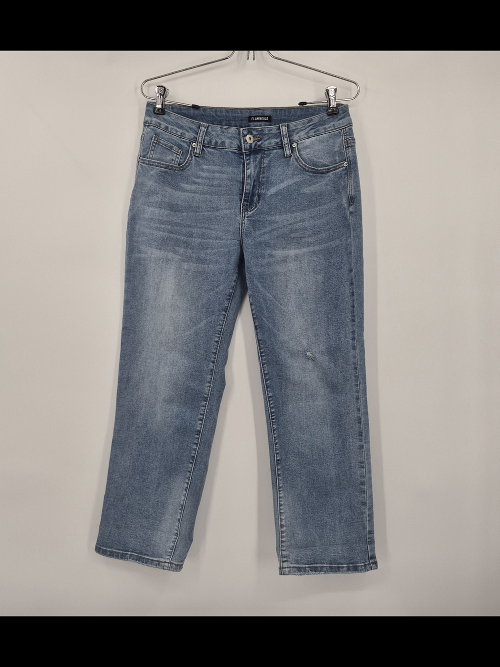 Flamingals Womens Blue Denim Distressed Cropped Straight Leg Jeans Med